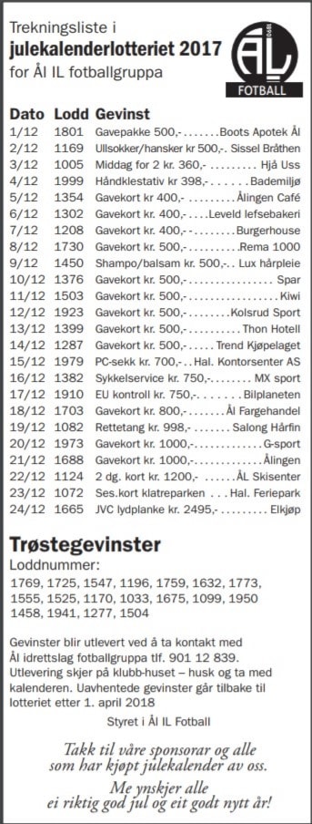Trekningsliste julekalenderlotteri 2017